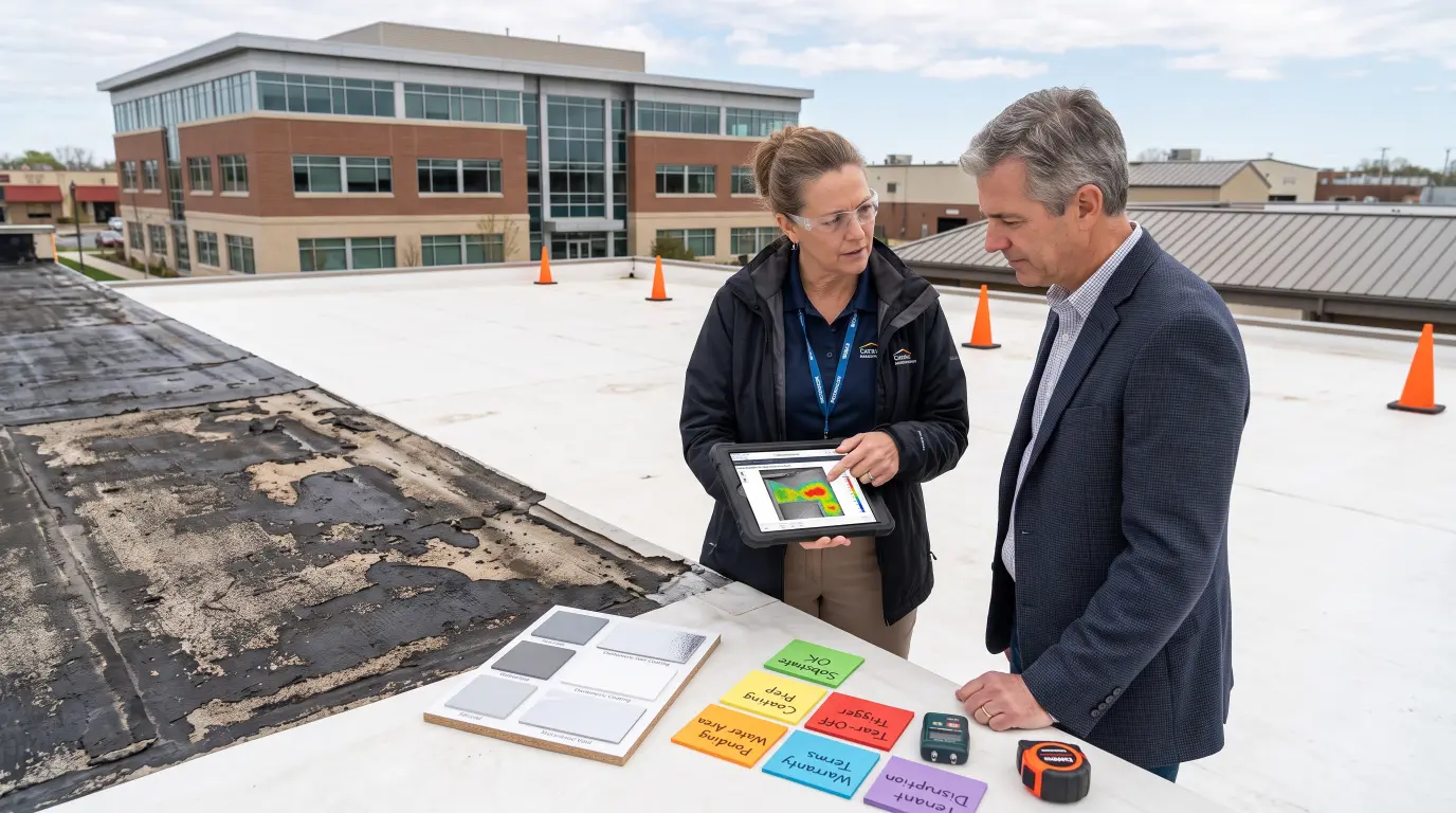 Compare roof coating vs replacement for commercial buildings. Learn when coatings make sense, when tear-off is unavoidable, and to inspect first.